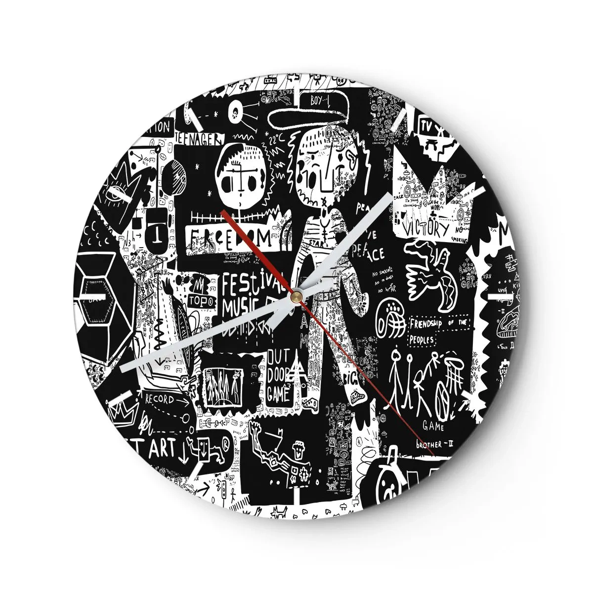 Ceas de perete - Ceas pe sticlă - Un cadran de ceas cu un motiv artistic dinamic de mâzgălitură alb-negru. - 30x30cm - Tinerețea duhovnicească a legii și a bucuriei - Decorațiune modernă pentru perete pentru living, bucătărie și dormitor ARTTOR