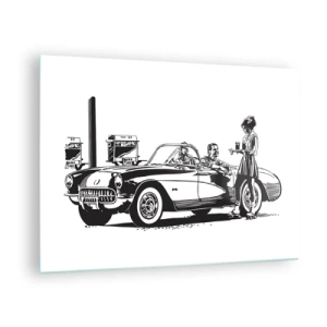 Tablou pe sticlă - Grafică creativă cu o mașină clasică și personaje - 70x50cm - 60. - America fără griji - Decorațiune modernă pentru perete pentru living și dormitor ARTTOR
