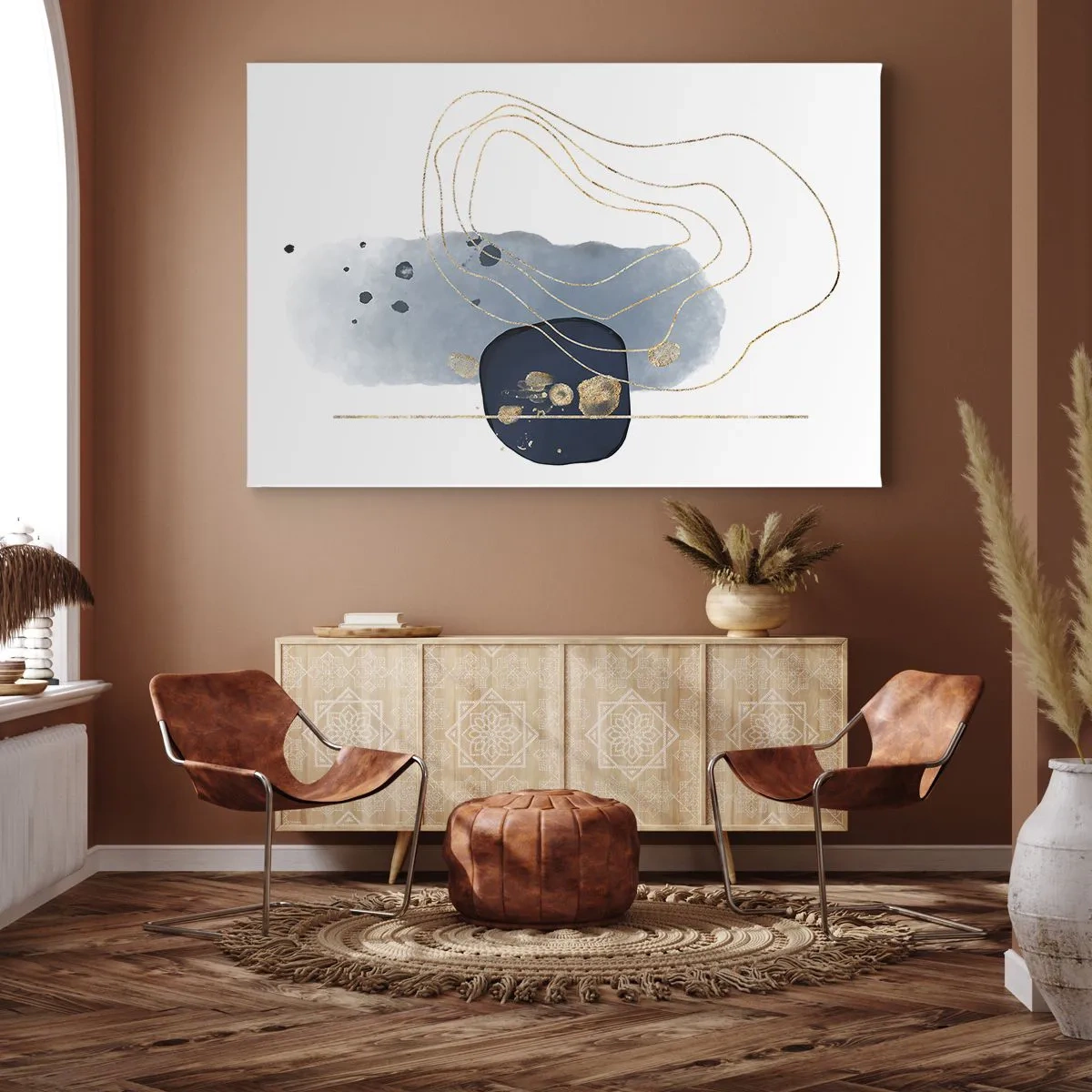 Tablou pe pânză Canvas - Abstracție în nuanțe de albastru și auriu - 70x50cm - Fantezie albastru-auriu - Decorațiune modernă pentru perete pentru living și dormitor ARTTOR