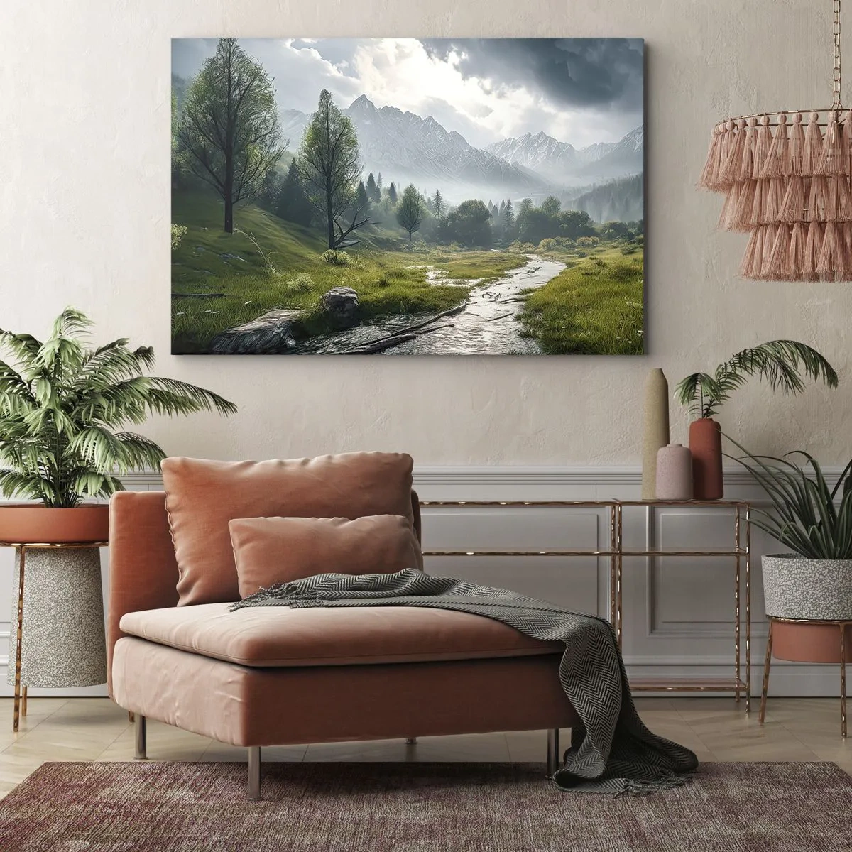 Tablou pe pânză Canvas - Un peisaj montan cu un râu și copaci înconjurat de munți încețoșați - 70x50cm - Până acolo și înapoi - Decorațiune modernă pentru perete pentru living și dormitor ARTTOR
