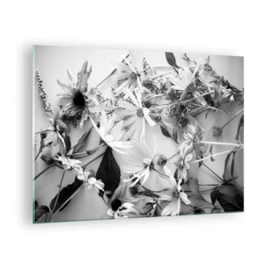 Tablou pe sticlă - Flori albe și negre împrăștiate într-un aranjament artistic - 70x50cm - Un altfel de buchet - Decorațiune modernă pentru perete pentru living și dormitor ARTTOR