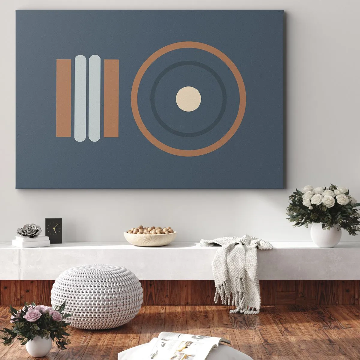 Tablou pe pânză Canvas - O compoziție geometrică cu cercuri și dreptunghiuri în culori discrete. - 70x50cm - Esența problemei - Decorațiune modernă pentru perete pentru living și dormitor ARTTOR