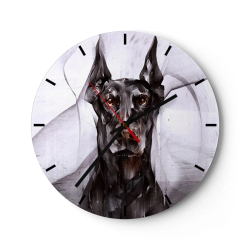 Ceas de perete - Ceas pe sticlă - Portretul unui Doberman într-un stil geometric modern - 30x30cm - Născut cu noblețe - Decorațiune modernă pentru perete pentru living, bucătărie și dormitor ARTTOR
