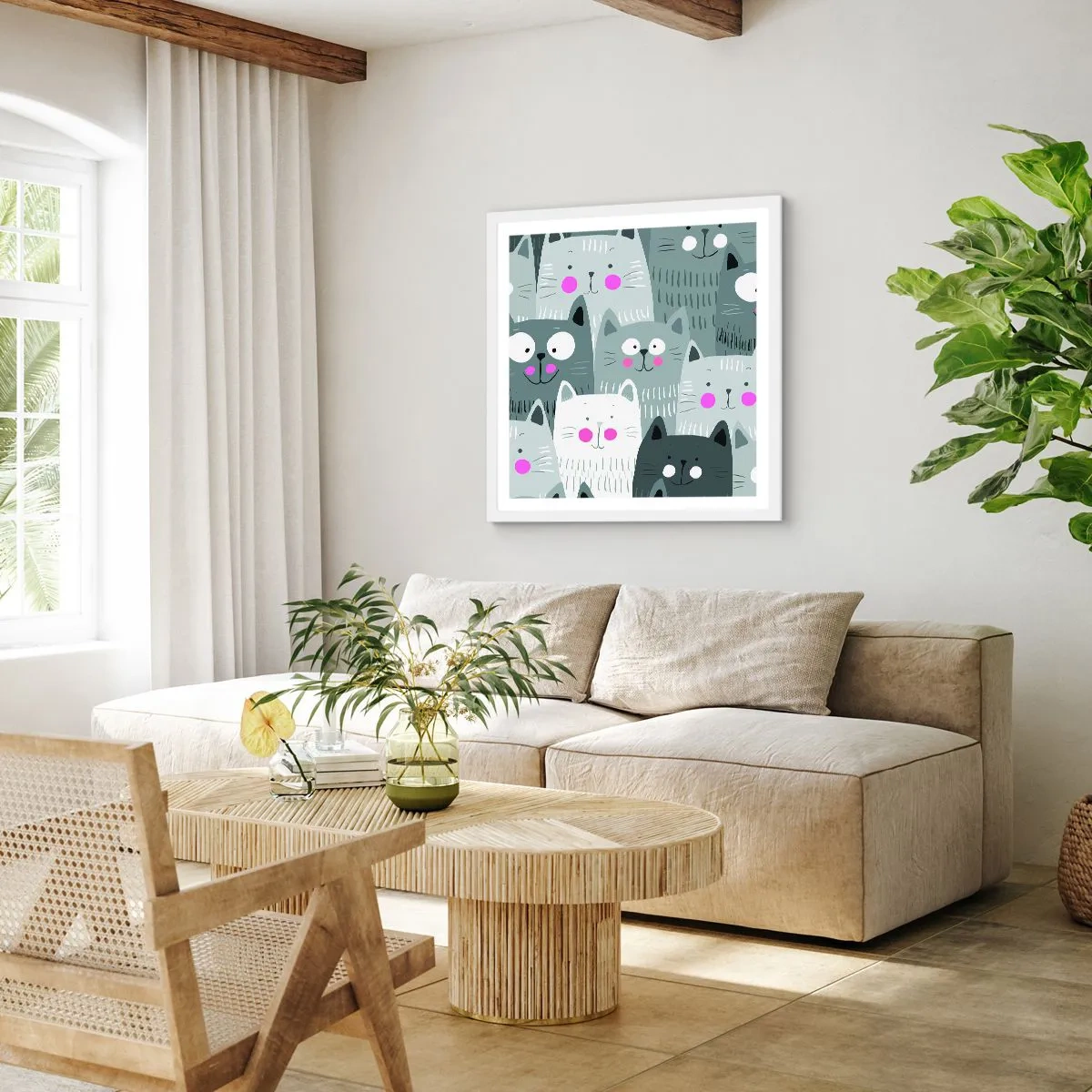 Poster în ramă albă - Lumea felină - 50x50 cm
