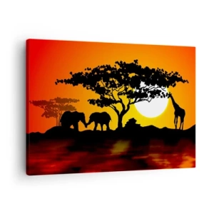 Tablou pe pânză Canvas - Apus de soare african cu siluete de elefanți și girafe deasupra apei - 70x50cm - Întâlnire în savană - Decorațiune modernă pentru perete pentru living și dormitor ARTTOR