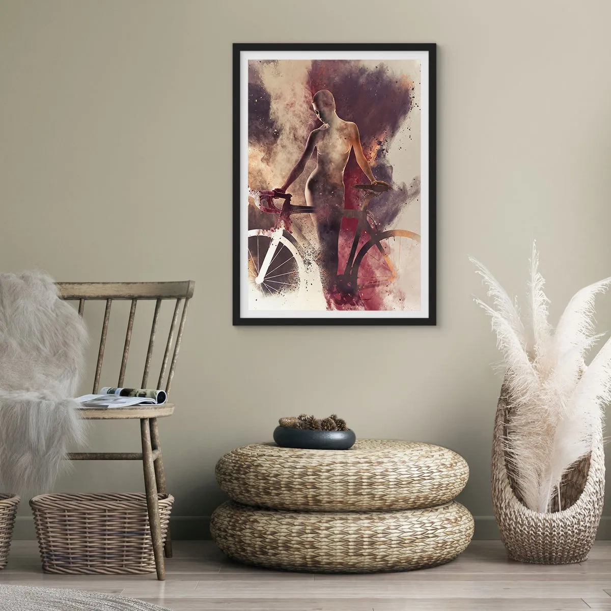 Poster în ramă neagră - Silueta unei femei cu o bicicletă pe un fundal artistic, fumuriu - 50x70cm - În forme de marmură sufletul ciclist - Decorațiune modernă pentru perete pentru living și dormitor ARTTOR