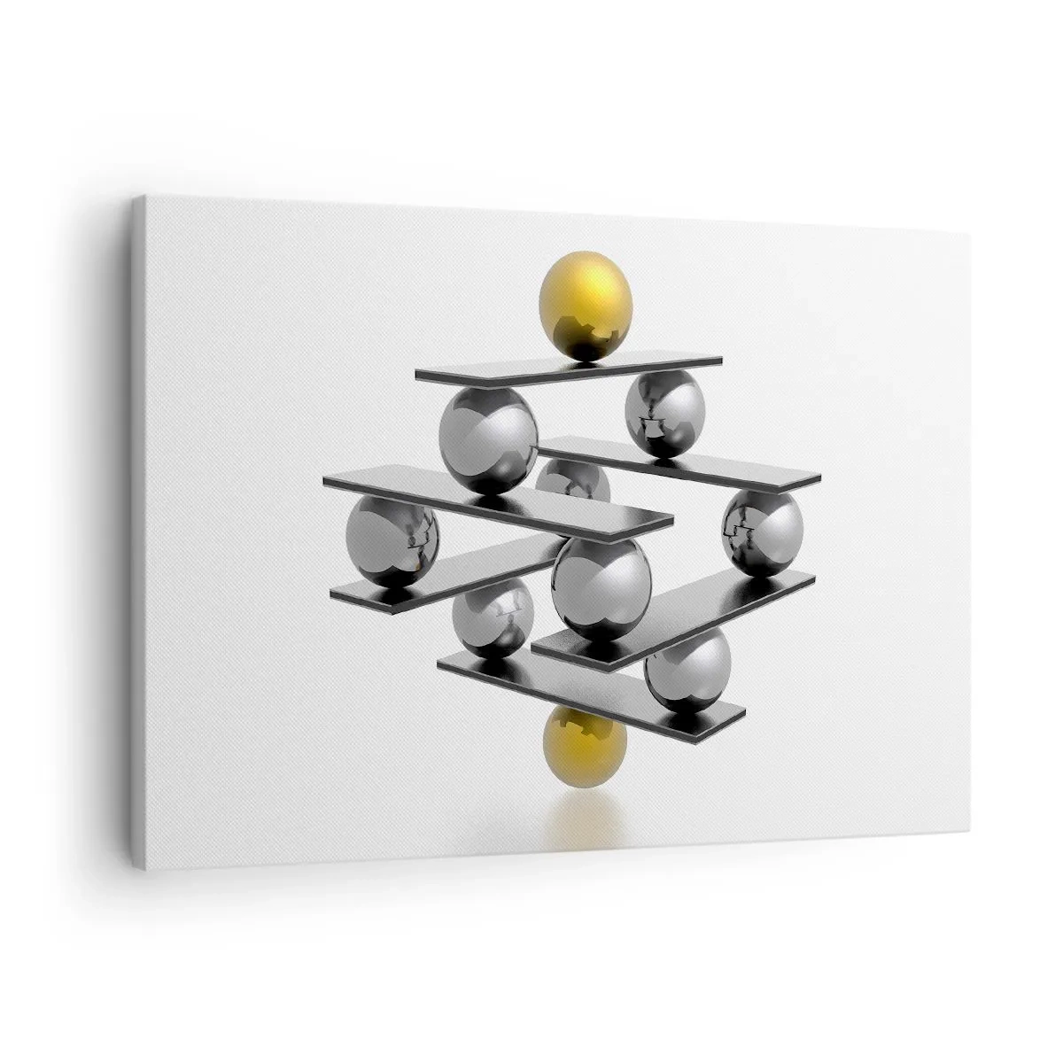 Tablou pe pânză Canvas - Compoziție geometrică cu bile metalice și accent auriu - 70x50cm - Balanța aur-argint - Decorațiune modernă pentru perete pentru living și dormitor ARTTOR