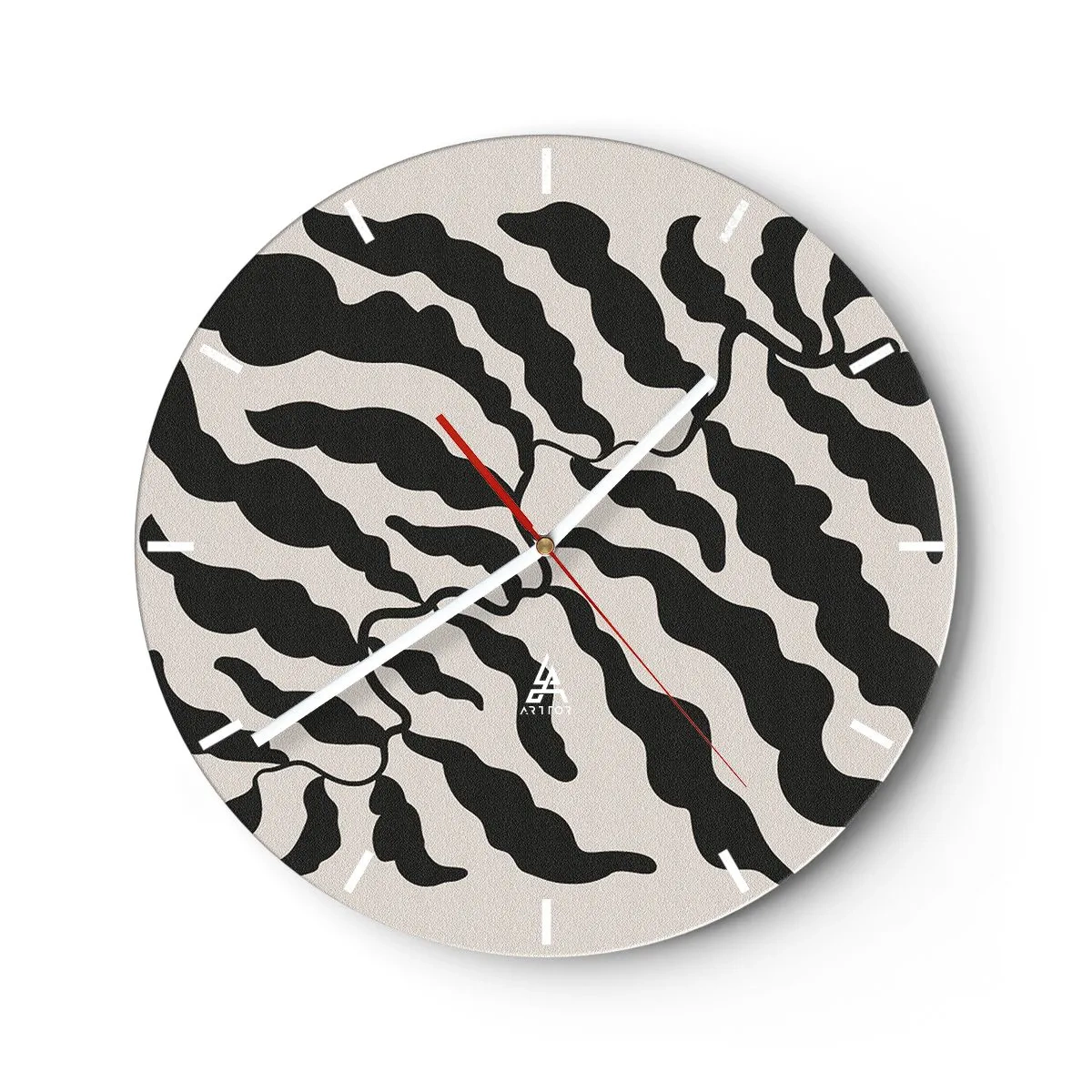 Ceas de perete - Ceas pe sticlă - Forme negre organice asemănătoare frunzelor pe un fundal deschis - 30x30cm - Natura pătratului - Decorațiune modernă pentru perete pentru living, bucătărie și dormitor ARTTOR