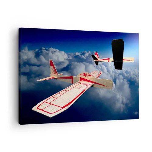 Tablou pe pânză Canvas - Două avioane de lemn zburând deasupra norilor pe un cer albastru. - 70x50cm - Chiar mai sus, chiar mai departe - Decorațiune modernă pentru perete pentru living și dormitor ARTTOR