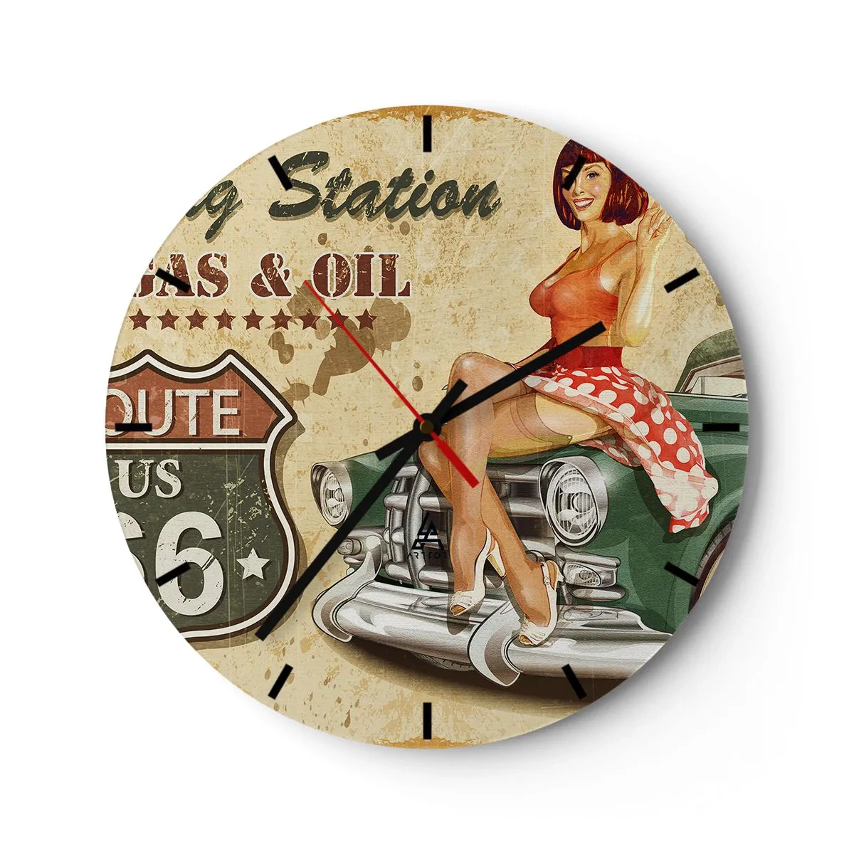 Ceas de perete - Ceas pe sticlă - Fată pin-up și mașină retro - 30x30cm - Extraordinari ani '40. - Decorațiune modernă pentru perete pentru living, bucătărie și dormitor ARTTOR
