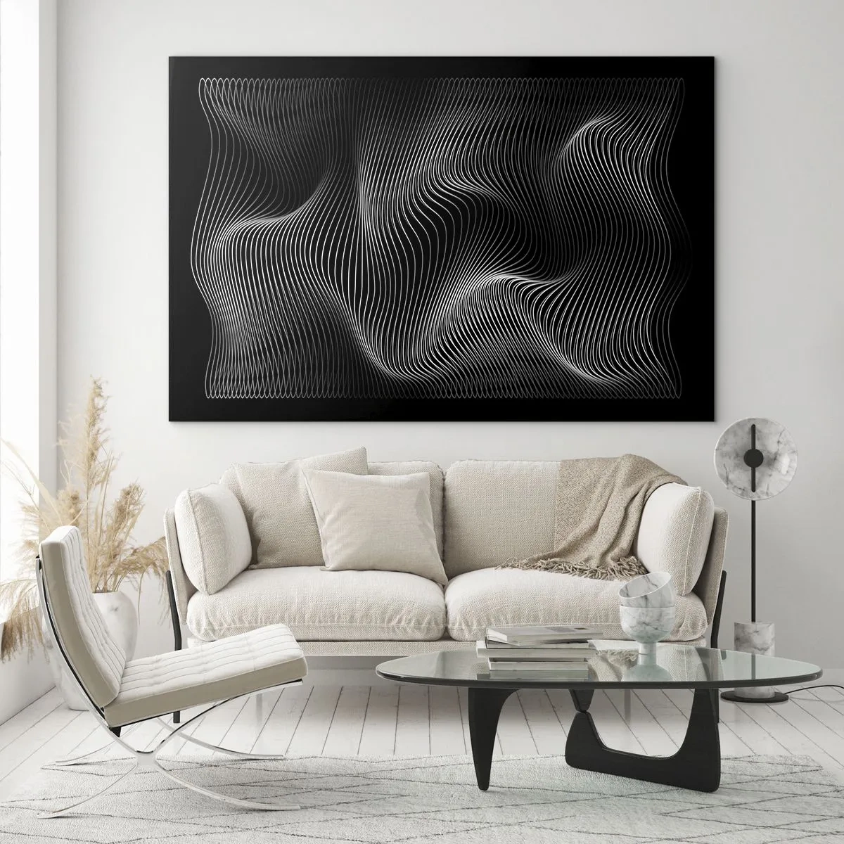 Tablou pe sticlă - Linii albe hipnotizante care se ondulau pe un fundal negru - 70x50cm - Dansul luminii în spațiu - Decorațiune modernă pentru perete pentru living și dormitor ARTTOR
