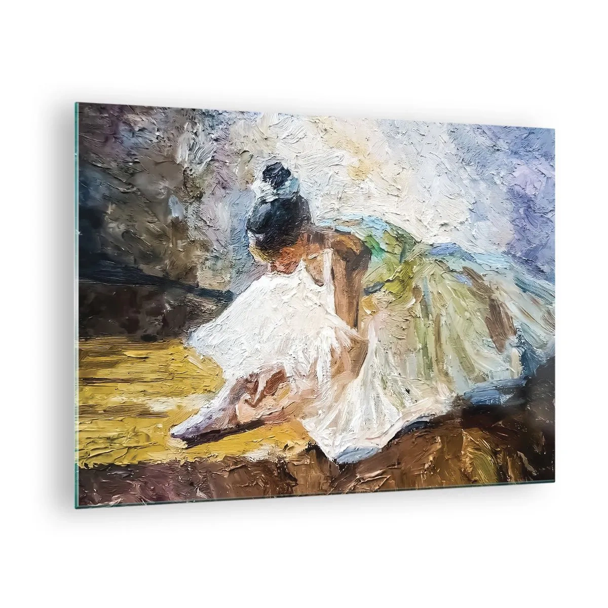 Tablou pe sticlă - O balerină aplecată în față într-o rochie albă pictată cu o textură de ulei - 70x50cm - Dintr-un tablou de Degas - Decorațiune modernă pentru perete pentru living și dormitor ARTTOR