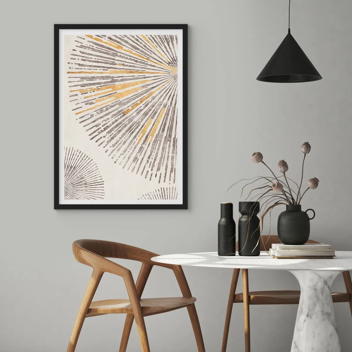 Poster în ramă neagră - Model abstract de raze în nuanțe de auriu și maro - 50x70cm - Frumusețea razei - Decorațiune modernă pentru perete pentru living și dormitor ARTTOR