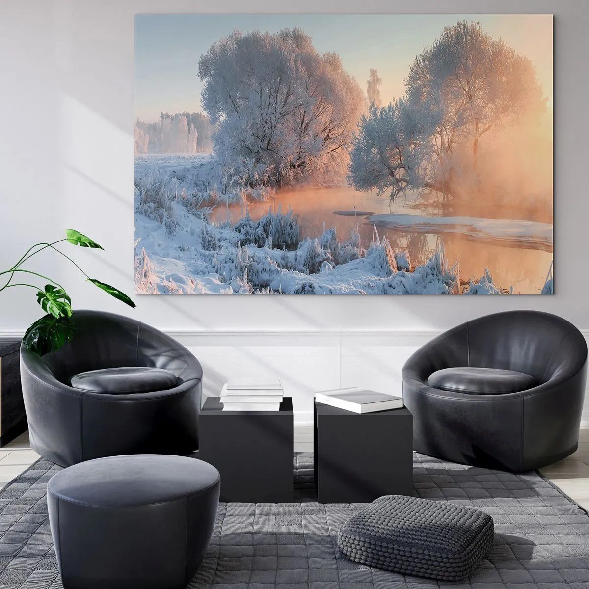 Tablou pe sticlă - Peisaj de iarnă cu un lac înghețat și ceață de dimineață - 70x50cm - Totul strălucește în cristal însorit - Decorațiune modernă pentru perete pentru living și dormitor ARTTOR