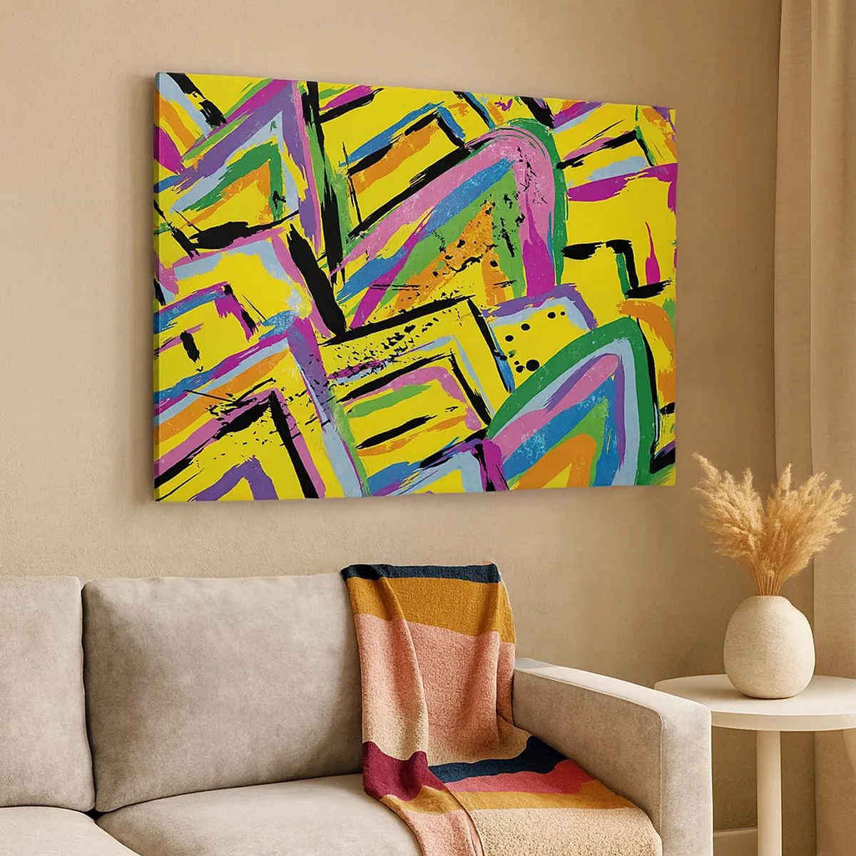 Tablou pe pânză Canvas - Abstracție vie în culori strălucitoare și forme dinamice - 70x50cm - Strigă de bucurie - Decorațiune modernă pentru perete pentru living și dormitor ARTTOR