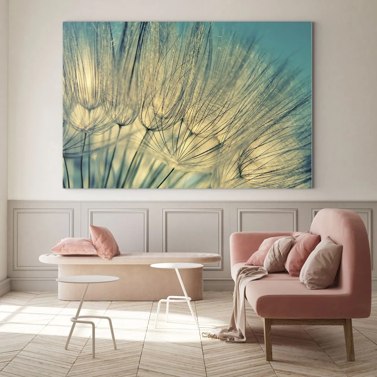 Tablou pe sticlă - Fotografie macro a unei păpădii pe un fundal turcoaz - 70x50cm - Așteptând vântul - Decorațiune modernă pentru perete pentru living și dormitor ARTTOR