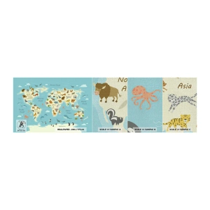 Mostră tapet Premium Canvas - Vecini buni - Harta lumii, Harta cu animale, Animale - 100x30 cm