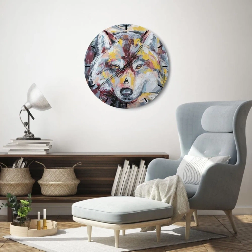 Ceas de perete - Ceas pe sticlă - Un portret colorat al unui lup, pictat cu tușe expresive. - 30x30cm - Pace pentru cel drag - Decorațiune modernă pentru perete pentru living, bucătărie și dormitor ARTTOR