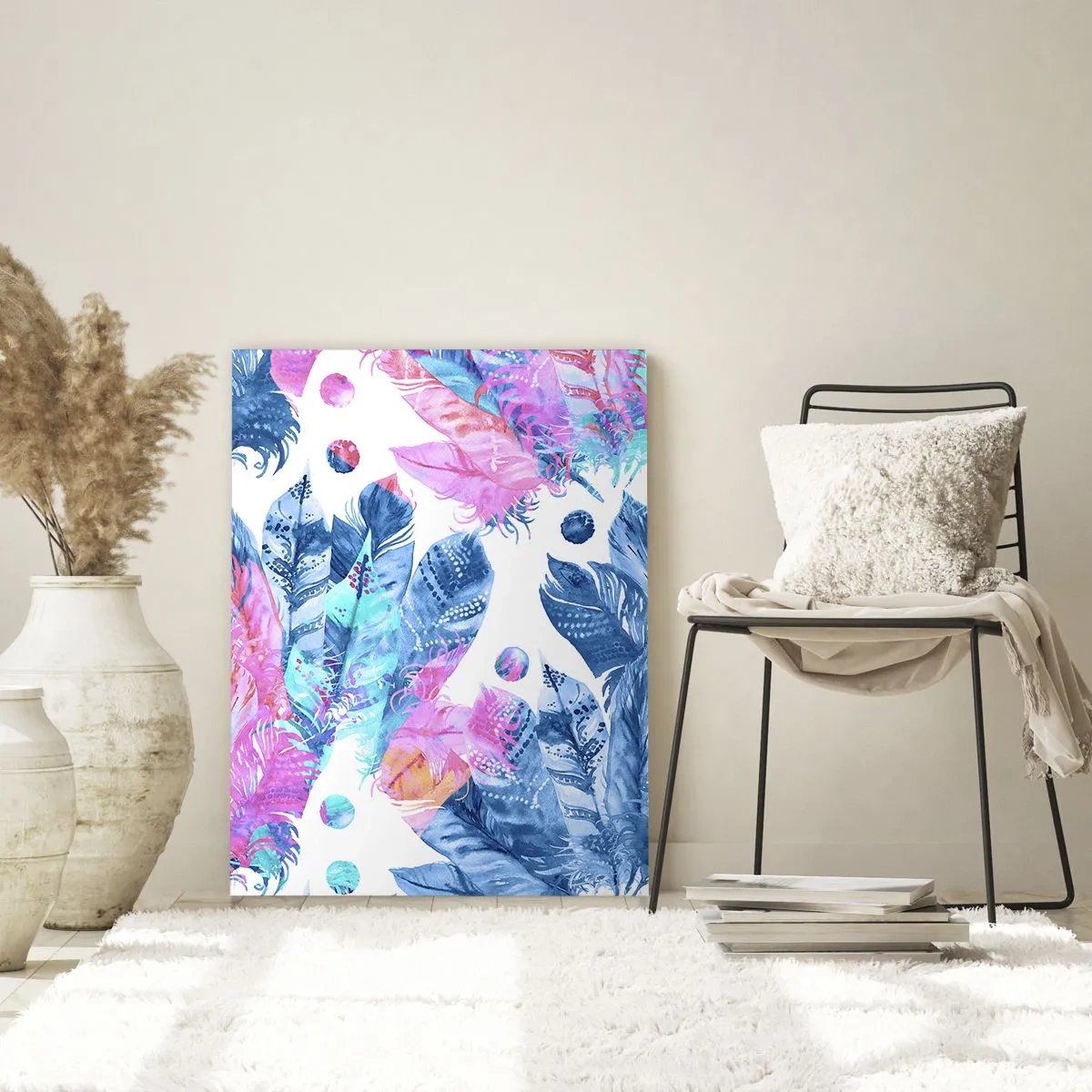 Tablou pe sticlă - Pene în alb și albastru - 50x70 cm