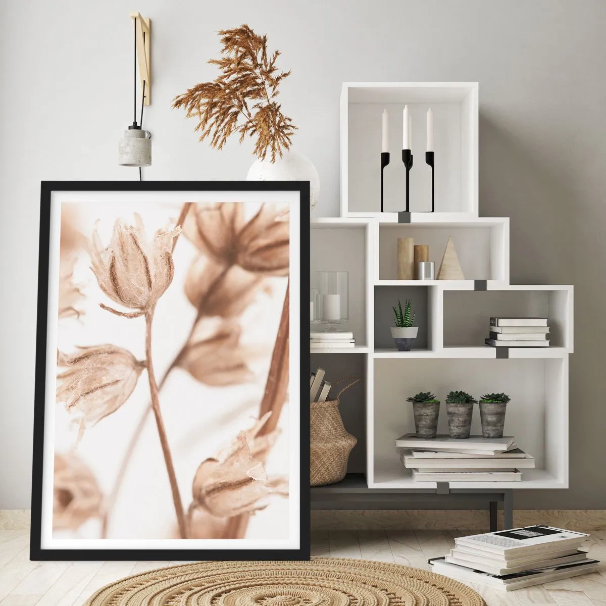 Poster în ramă neagră - Plante uscate în sepia pe un fundal deschis - 50x70cm - Sună ca sfârșitul verii - Decorațiune modernă pentru perete pentru living și dormitor ARTTOR
