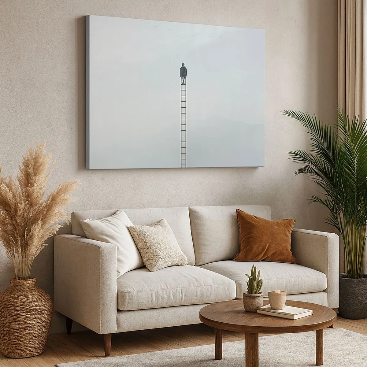 Tablou pe pânză Canvas - Un bărbat pe o scară care se ridică spre cer - 70x50cm - Fii deasupra - Decorațiune modernă pentru perete pentru living și dormitor ARTTOR