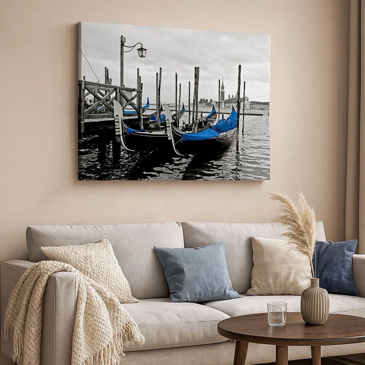 Tablou pe pânză Canvas - Gondole în Veneția cu copertine albastre - 70x50cm - Veneția stând pe gânduri - Decorațiune modernă pentru perete pentru living și dormitor ARTTOR