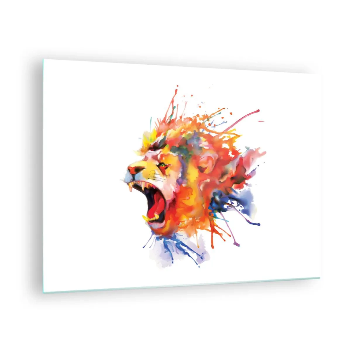 Tablou pe sticlă - Leu colorat în stil acuarelă pe fundal alb - 70x50cm - Explodează de furie  - Decorațiune modernă pentru perete pentru living și dormitor ARTTOR