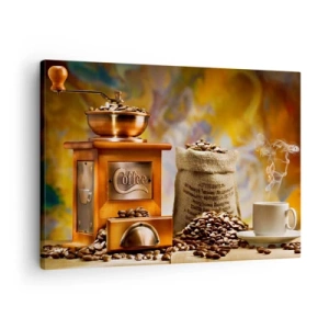 Tablou pe pânză Canvas - Râșniță de cafea cu boabe și o ceașcă pe fundal - 70x50cm - Zdrăngănitul boabelor, zgomotul morii - Decorațiune modernă pentru perete pentru living și dormitor ARTTOR