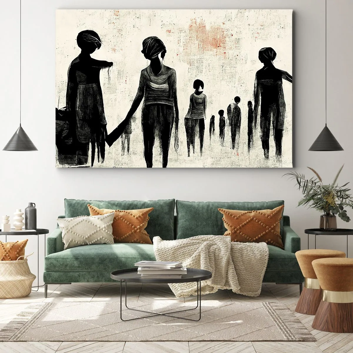 Tablou pe pânză Canvas - Figuri într-o compoziție monocromatică pe un fundal luminos - 70x50cm - Împotriva singurătății - Decorațiune modernă pentru perete pentru living și dormitor ARTTOR