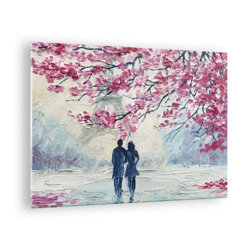 Tablou pe sticlă - Un cuplu se plimbă sub copaci înfloriți - 70x50cm - Plimbare romantică - Decorațiune modernă pentru perete pentru living și dormitor ARTTOR