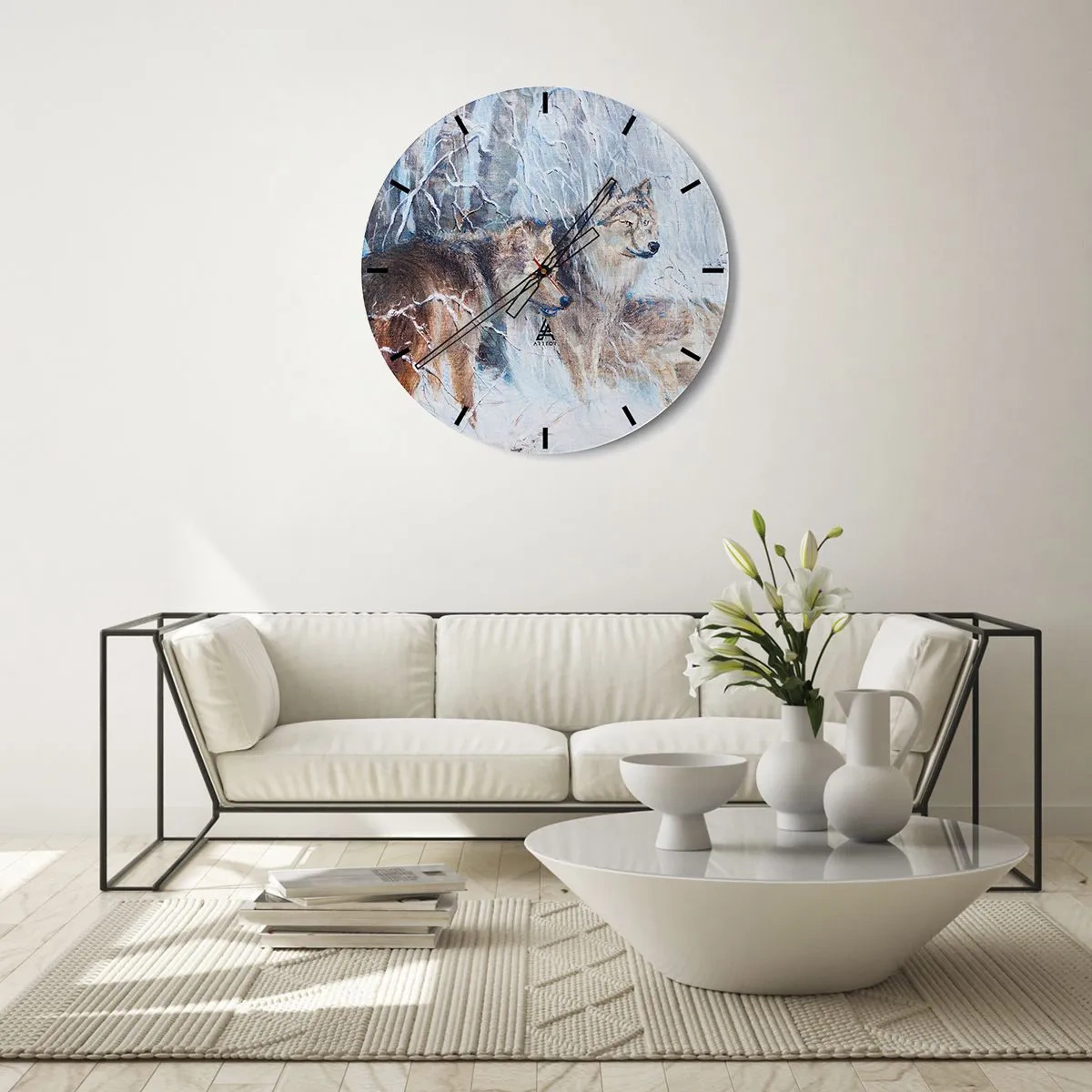 Ceas de perete - Ceas pe sticlă - Un lup într-un peisaj de iarnă, înconjurat de copaci înzăpeziți - 30x30cm - Atenție! Vine... - Decorațiune modernă pentru perete pentru living, bucătărie și dormitor ARTTOR