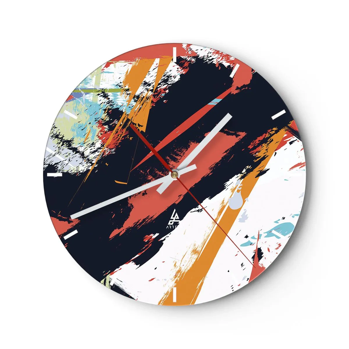 Ceas de perete - Ceas pe sticlă - Model abstract cu tușe colorate de pensulă - 30x30cm - Compoziție dinamică - Decorațiune modernă pentru perete pentru living, bucătărie și dormitor ARTTOR