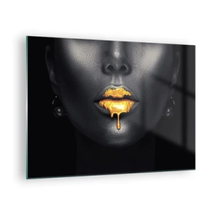 Tablou pe sticlă - Portret negru și auriu al unei femei cu buze strălucitoare - 70x50cm - Buzele de aur - Decorațiune modernă pentru perete pentru living și dormitor ARTTOR