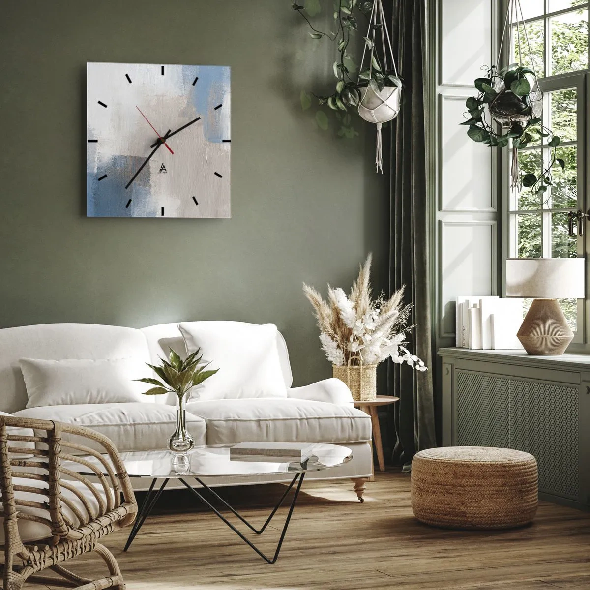 Ceas de perete - Ceas pe sticlă - Abstracție roz în spatele unui voal de albastru - 30x30 cm