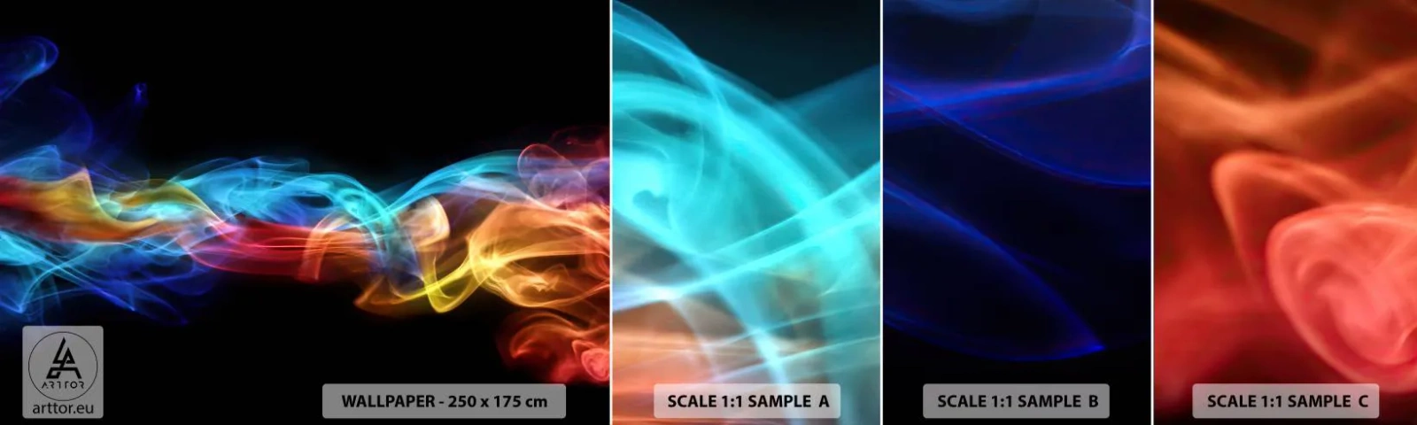 Mostră de Tapet Standard Eco - Dansul curcubeului în brumă - Abstracția, Grafică, Flăcări colorate - 100x30 cm