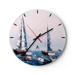 Ceas de perete - Ceas pe sticlă - Două bărci cu pânze pe o mare furtunoasă într-un stil pictural - 30x30cm - Frăția vântului - Decorațiune modernă pentru perete pentru living, bucătărie și dormitor ARTTOR