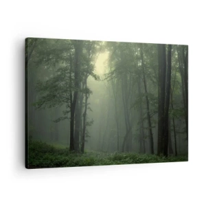 Tablou pe pânză Canvas - O pădure verde dimineața învăluită într-o ceață delicată - 70x50cm - Înainte să se trezească - Decorațiune modernă pentru perete pentru living și dormitor ARTTOR