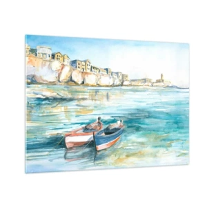 Tablou pe sticlă - Un golf turcoaz cu bărci și clădiri pe stâncă - 70x50cm - Peisaj în azur - Decorațiune modernă pentru perete pentru living și dormitor ARTTOR