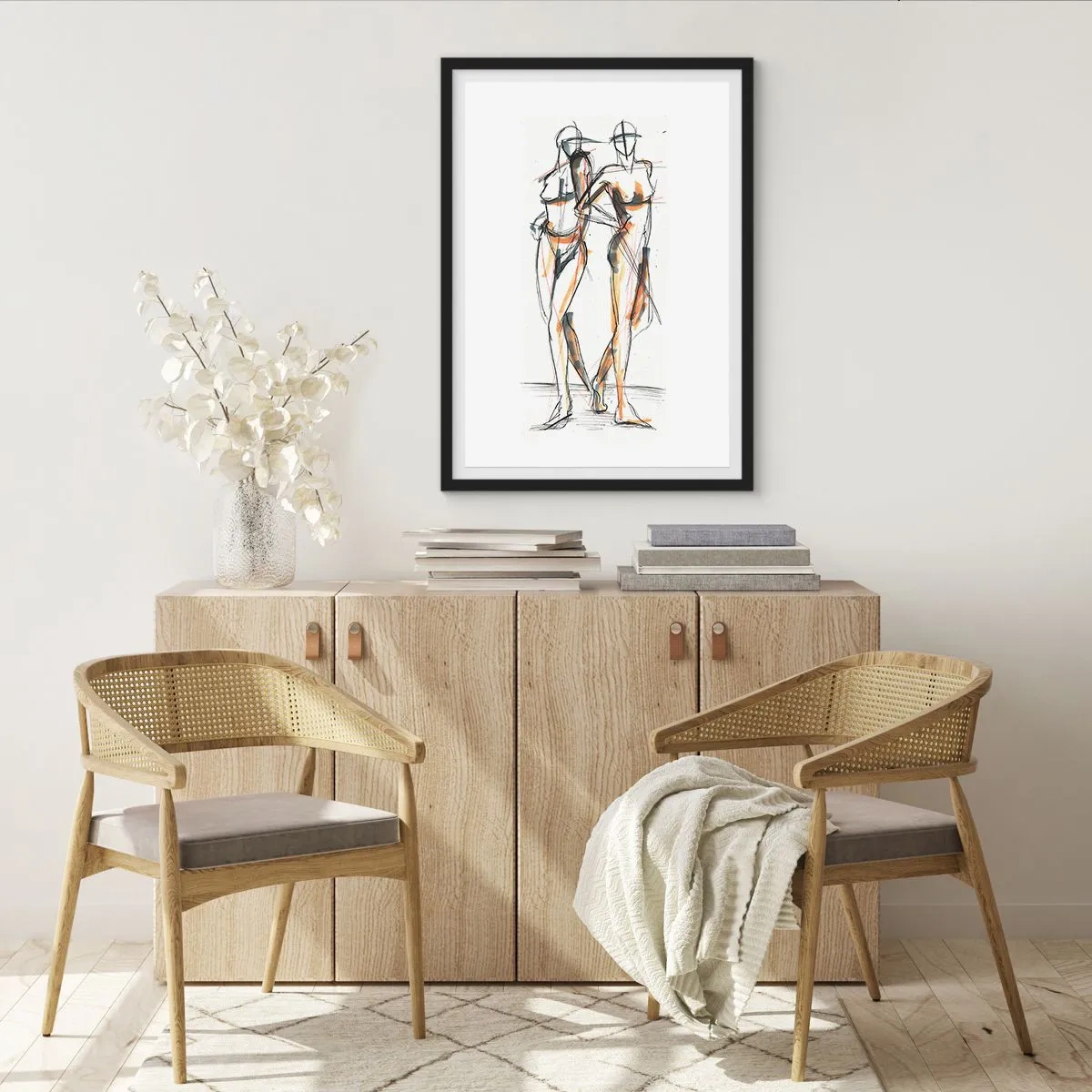 Poster în ramă neagră - Schiță abstractă a două figuri în culori calde. - 50x70cm - Un studiu de farmec - Decorațiune modernă pentru perete pentru living și dormitor ARTTOR