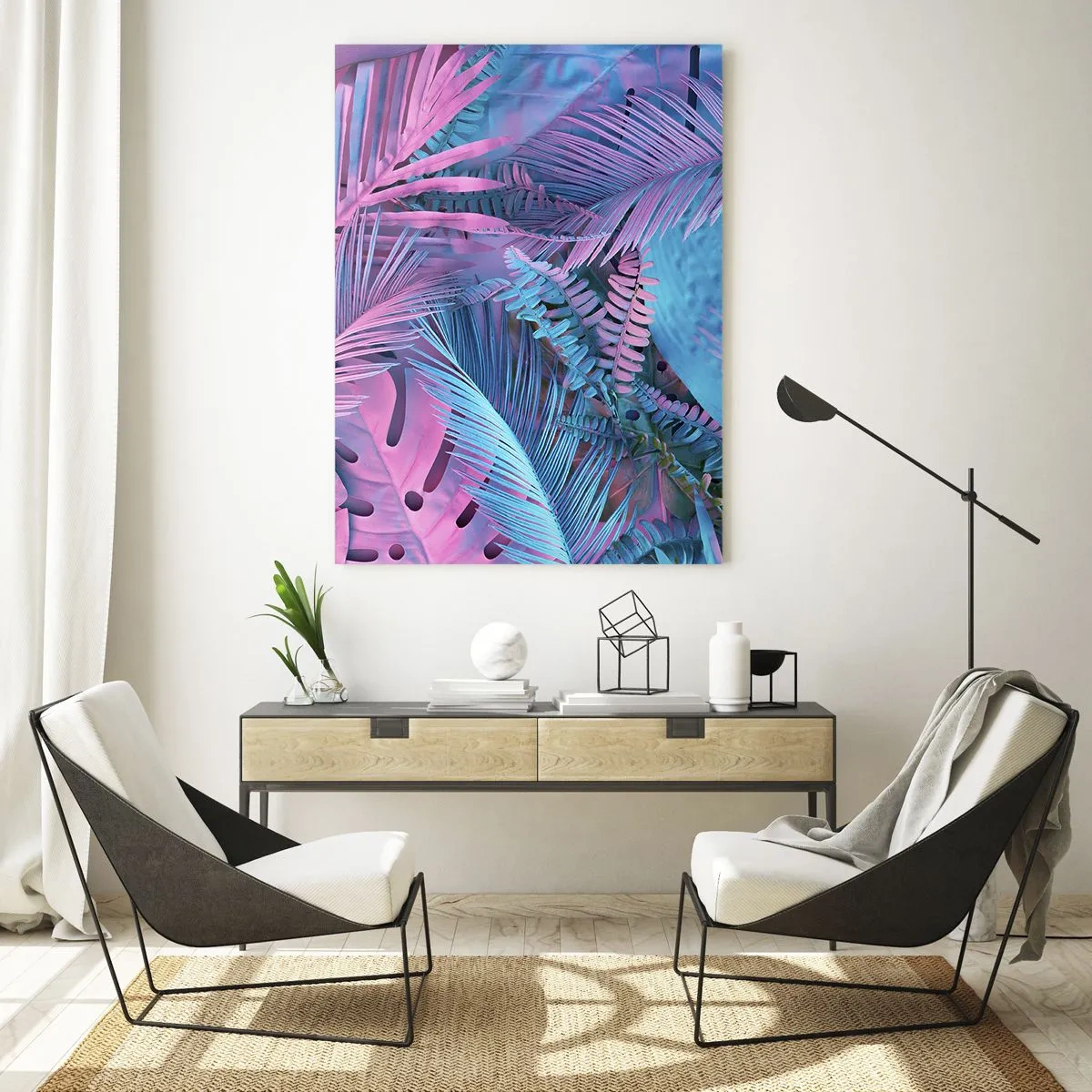 Tablou pe sticlă - Palmieri în alb și albastru - 50x70 cm