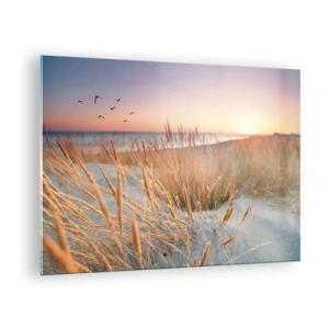 Tablou pe sticlă - O plajă cu iarbă și soarele apunând peste mare - 70x50cm - Cântec de leagăn baltic - Decorațiune modernă pentru perete pentru living și dormitor ARTTOR
