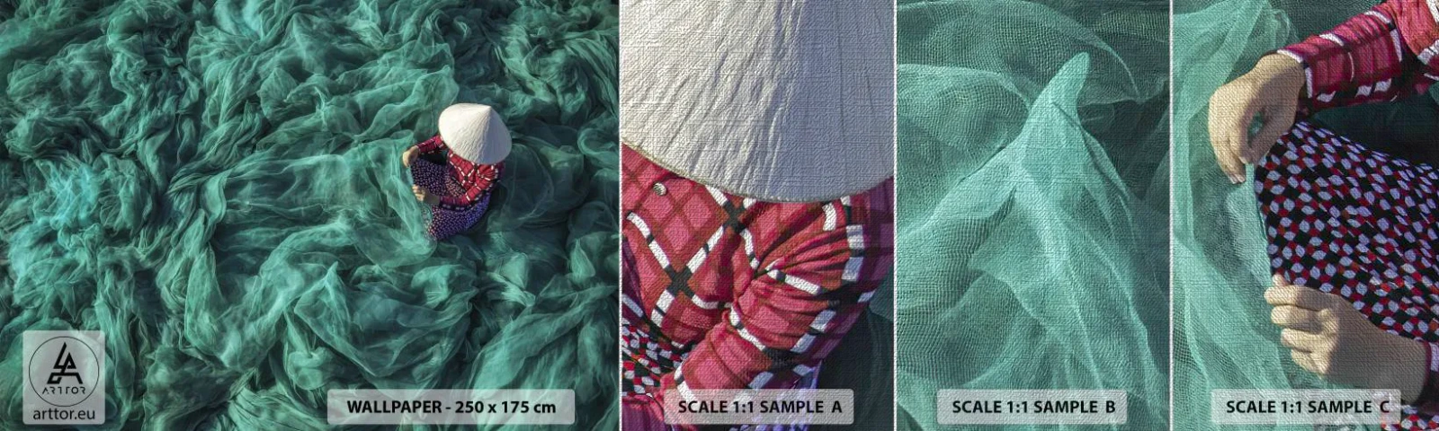 Mostră tapet Premium Canvas - Într-o mare de rețea - Plasă de pescuit, Femeie, Vietnam - 100x30 cm