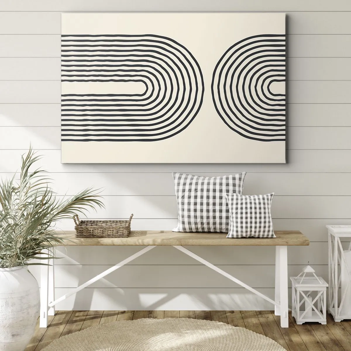 Tablou pe pânză Canvas - Model geometric abstract cu linii simetrice pe un fundal deschis - 70x50cm - În curând... - Decorațiune modernă pentru perete pentru living și dormitor ARTTOR