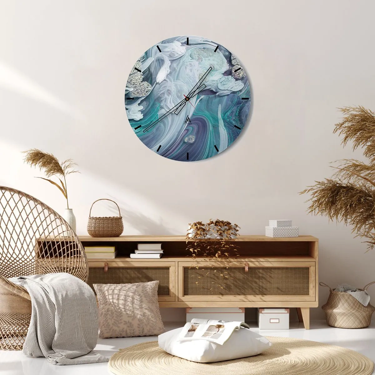 Ceas de perete - Ceas pe sticlă - O compoziție abstractă în albastru și turcoaz cu sclipici. - 30x30cm - Râuri de albastru - Decorațiune modernă pentru perete pentru living, bucătărie și dormitor ARTTOR