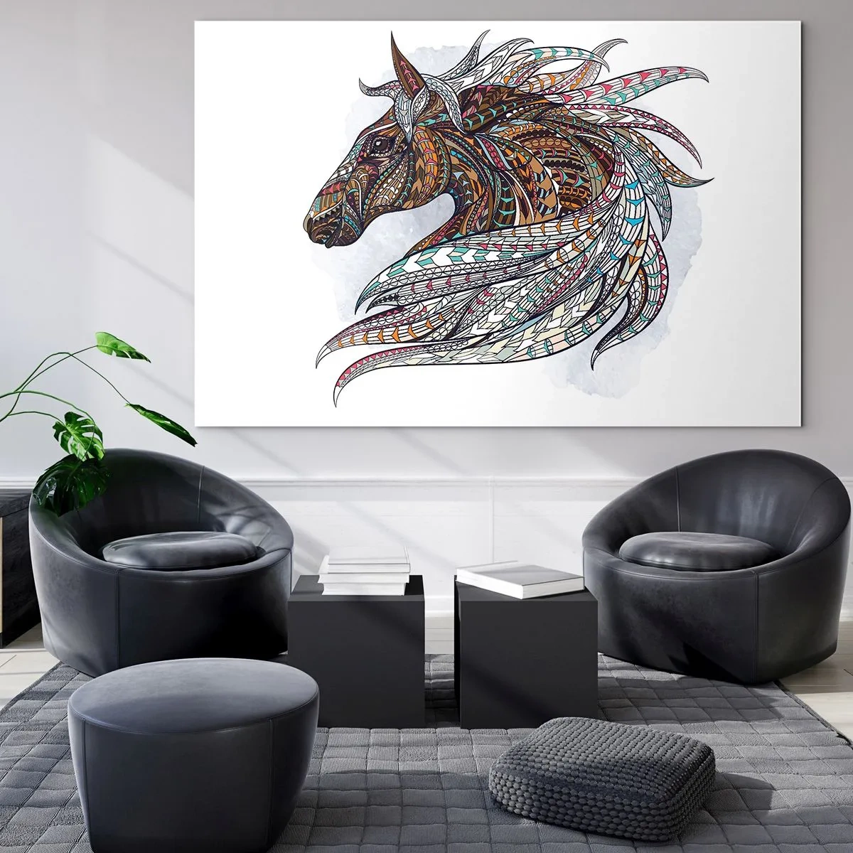 Tablou pe sticlă - Cal colorat într-un stil artistic cu modele geometrice - 70x50cm - Armăsarul războinicului celtic - Decorațiune modernă pentru perete pentru living și dormitor ARTTOR