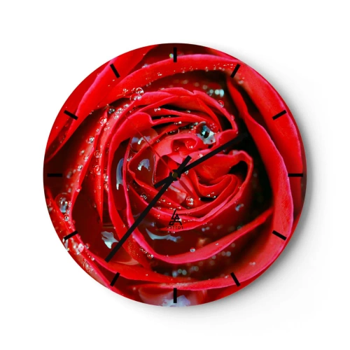 Ceas de perete - Ceas pe sticlă - Prim-plan al unui trandafir roșu acoperit cu picături de apă - 30x30cm - În picături de rouă - Decorațiune modernă pentru perete pentru living, bucătărie și dormitor ARTTOR
