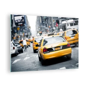Tablou pe sticlă - Taxiuri galbene pe străzile din New York, în agitația orașului - 70x50cm - Doar în acest oraș - Decorațiune modernă pentru perete pentru living și dormitor ARTTOR