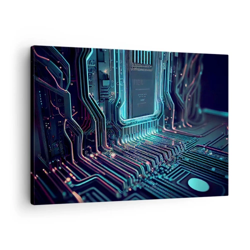 Tablou pe pânză Canvas - Placă de circuit imprimat tehnologică cu linii iluminate - 70x50cm - Iată la ce mă gândesc... - Decorațiune modernă pentru perete pentru living și dormitor ARTTOR