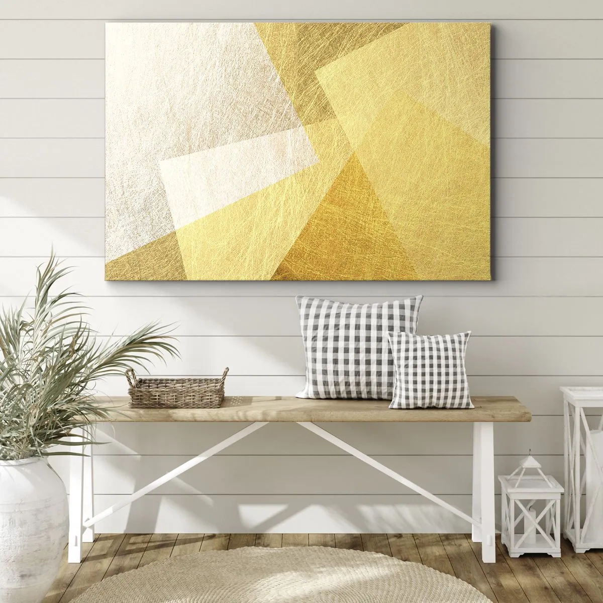 Tablou pe pânză Canvas - Forme geometrice în auriu și nuanțe deschise - 70x50cm - Vremea de geometrie - Decorațiune modernă pentru perete pentru living și dormitor ARTTOR