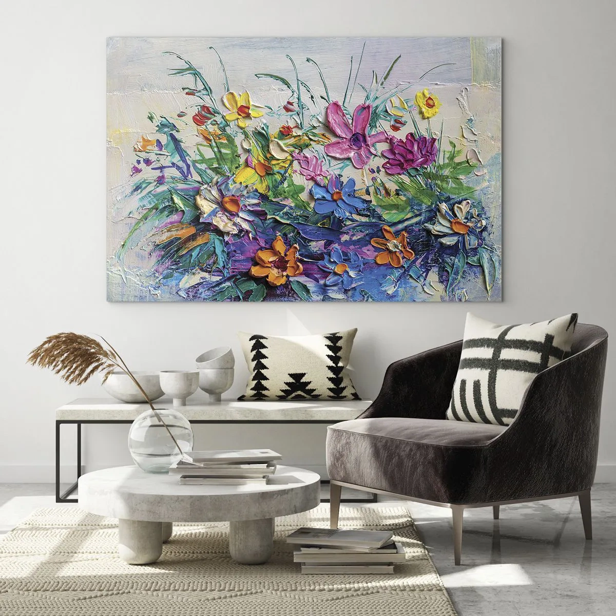 Tablou pe sticlă - Un aranjament floral colorat într-un stil pictural - 70x50cm - Nu este deloc o natură moartă - Decorațiune modernă pentru perete pentru living și dormitor ARTTOR
